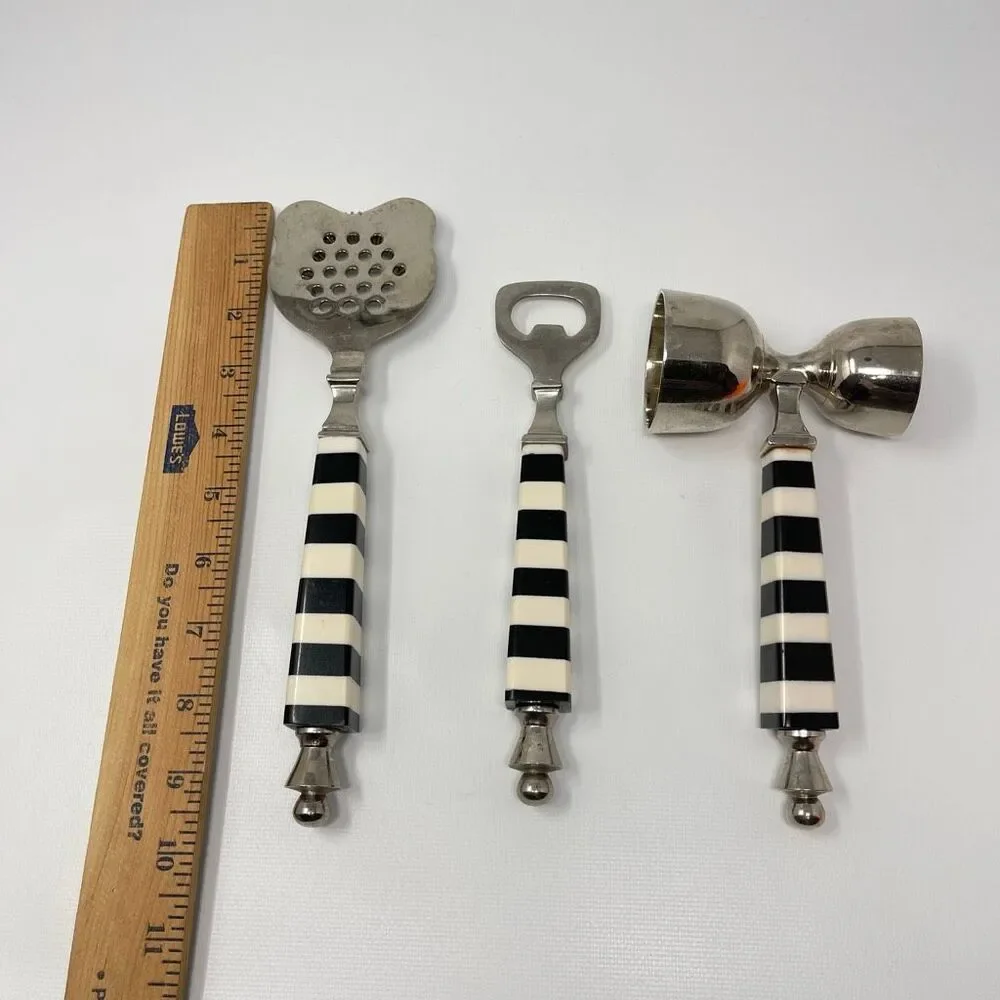 Darren Ransdell Set of 3 Metal Bar Tools Black White Stripe Plastic Handles